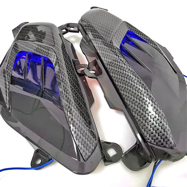 Pair of Yamaha NMAX replacement side lamps with LED lights and carbon fibre decoration