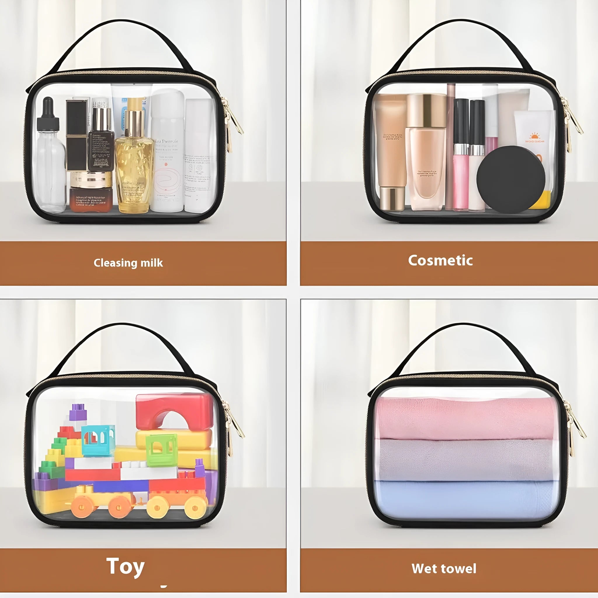 Transparent PVC wash bag with chain handle showing cosmetics inside