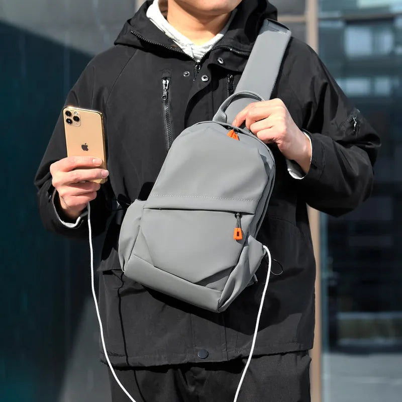 Black mens waterproof polyester crossbody bag with single shoulder strap in casual style