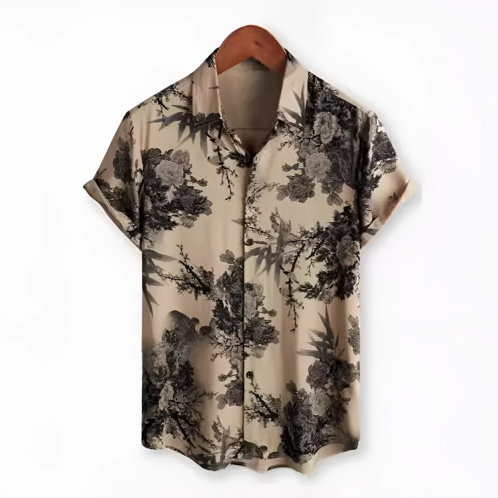 Floral Hawaiian print short sleeve shirt with lapel collar on a hanger