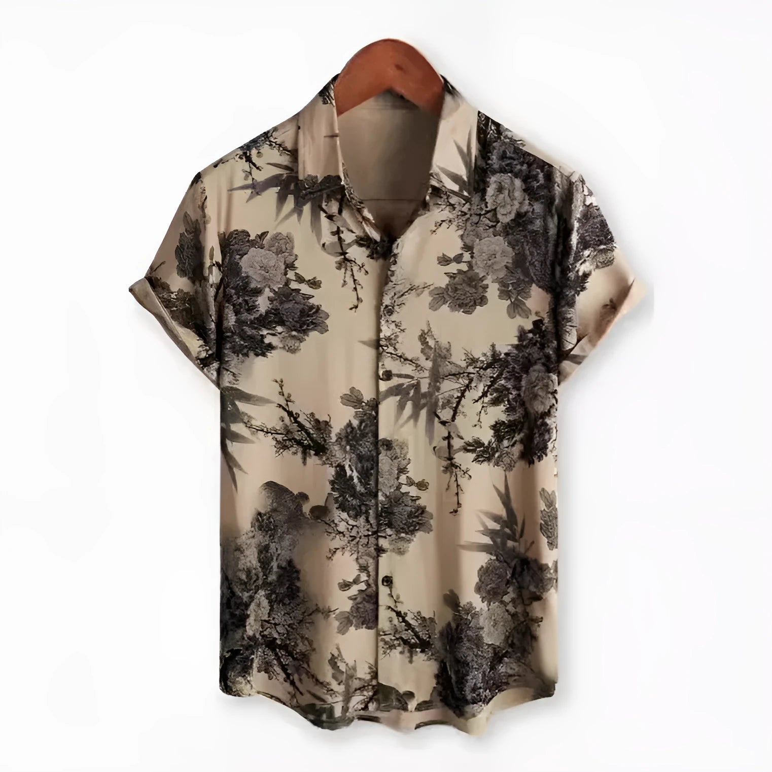Floral Hawaiian print short sleeve shirt with lapel collar on a hanger