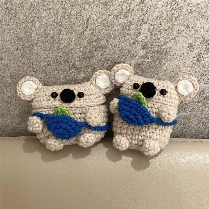 Handmade knitted koala bear backpack design protective sleeve case for Apple AirPods.