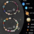Two natural stone beaded bracelets with sliding knots on a surface, showing zodiac sign designs.