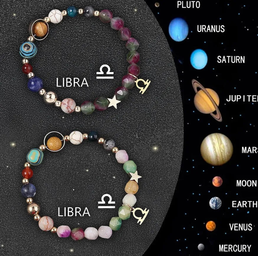 Two natural stone beaded bracelets with sliding knots on a surface, showing zodiac sign designs.