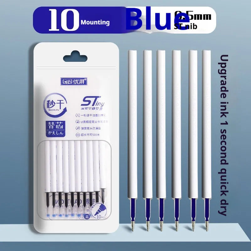 Pack of ten quick-drying gel pen refills in black, red, blue, and ink blue colours.
