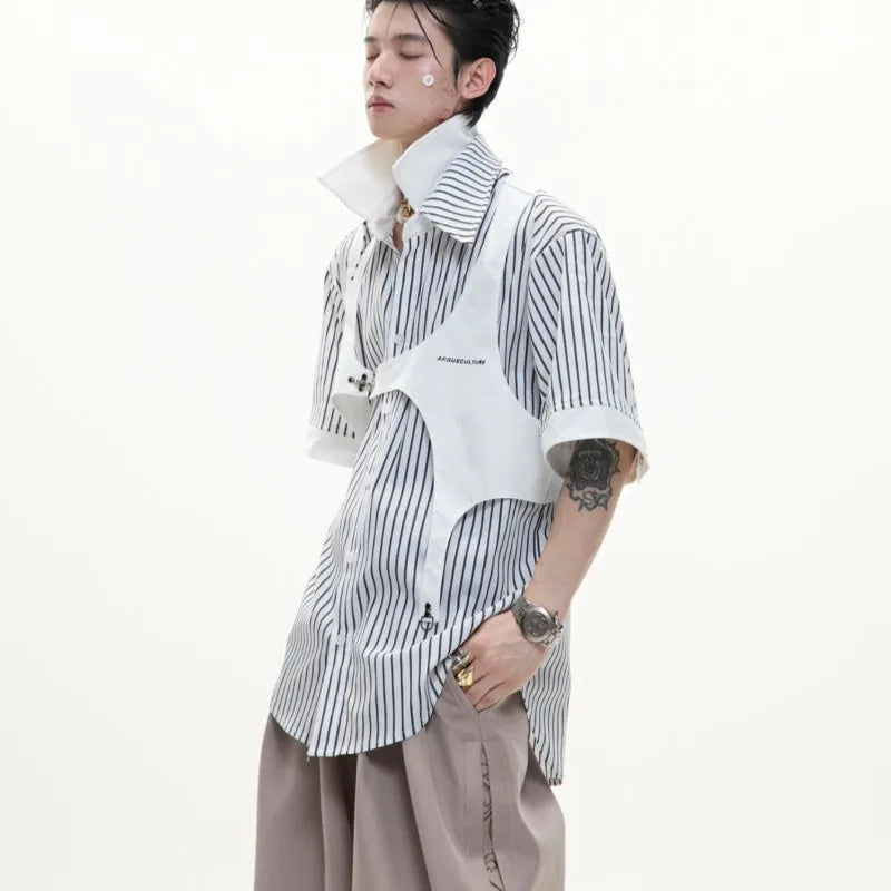 Men's black and white striped cotton shirt with a double collar creating a vest-like appearance.