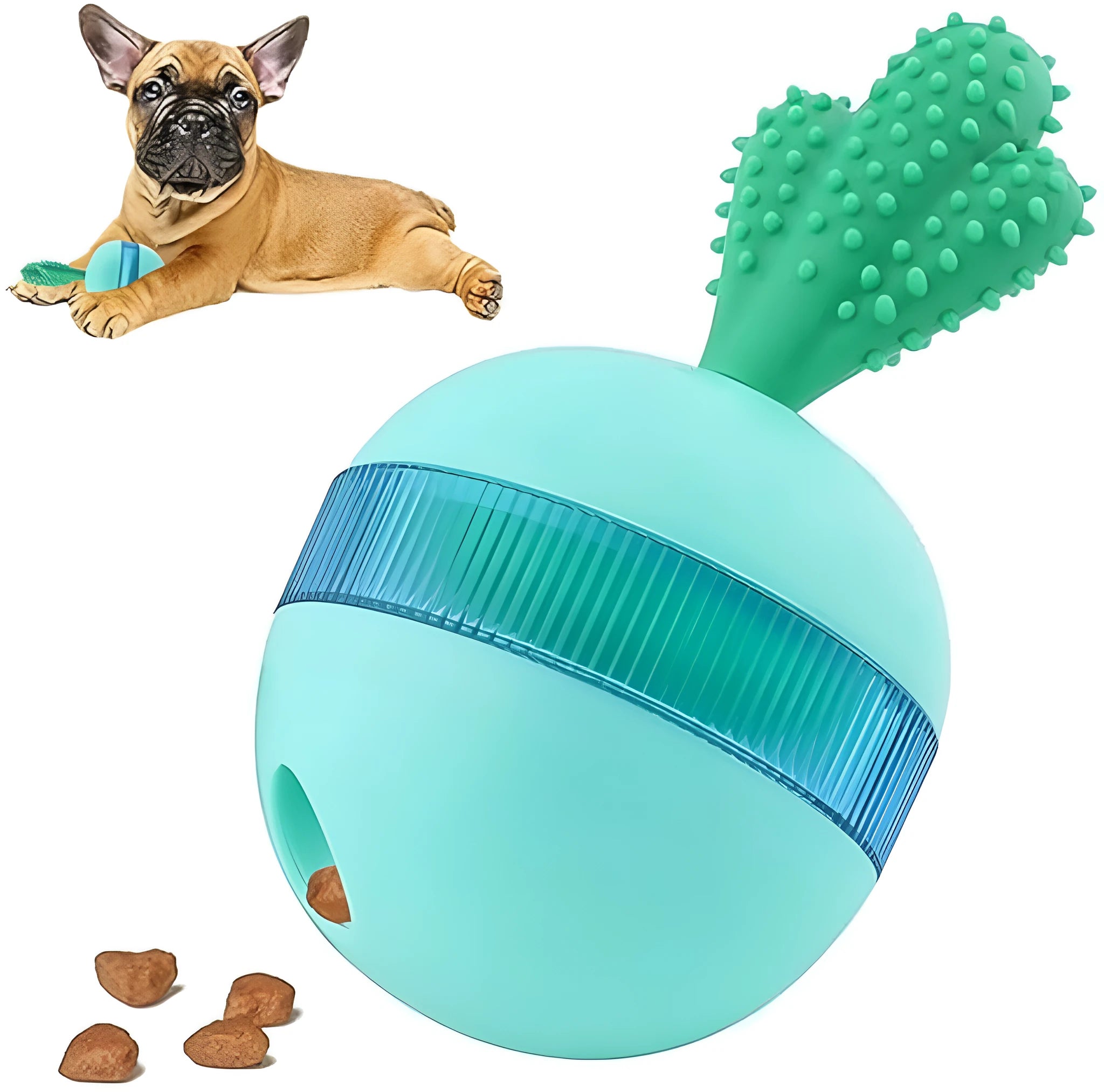 Blue and green durable rubber treat dispensing dog ball for medium and large dogs