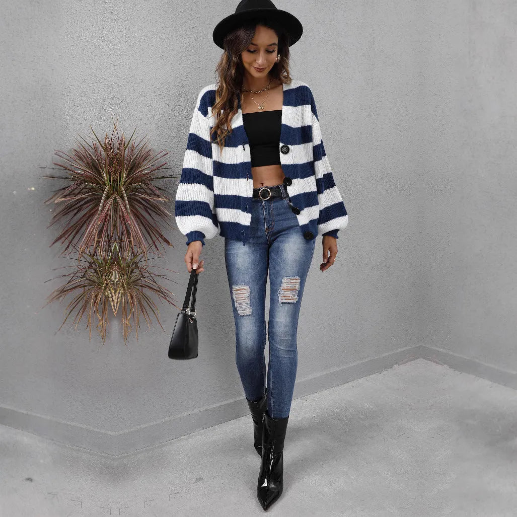 Women's striped deer plush cardigan in blue, black, brown, or dark green with button front