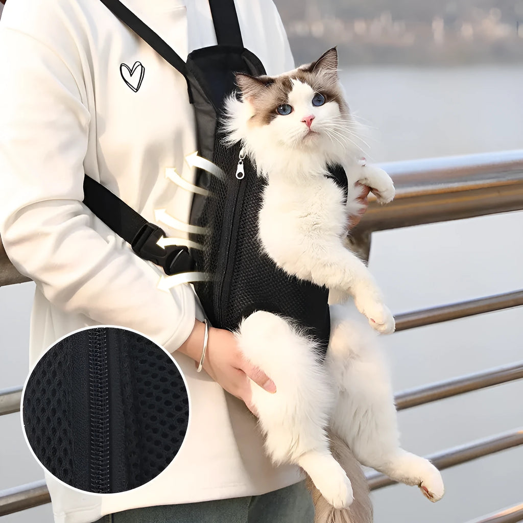 Adjustable nylon dog carrier backpack worn on front, showing mesh panels and open-top design for a small dog.