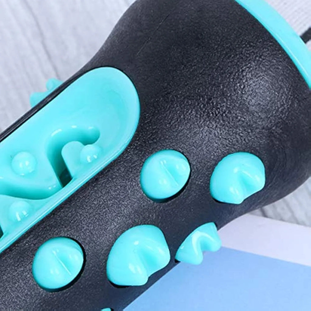 Natural rubber dog toothbrush chew toy in blue, showing textured surface for dental cleaning