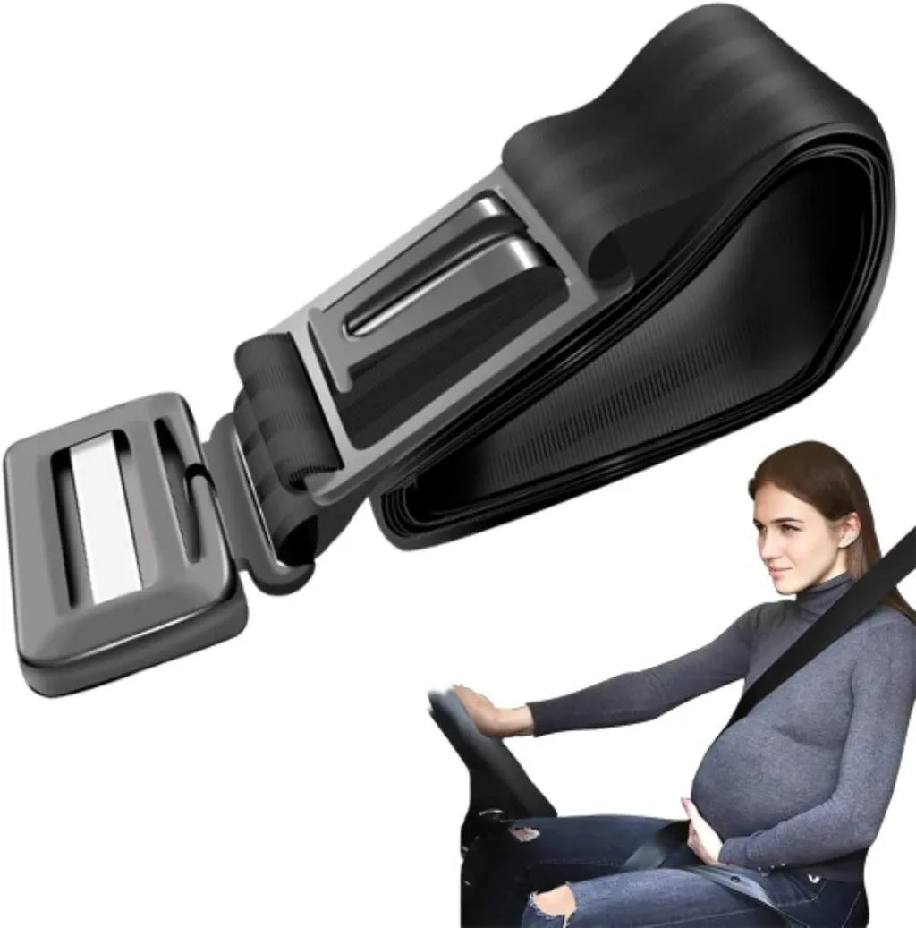 Adjustable black maternal car seat belt support with press buckle, shown wrapped around a vehicle seat belt.