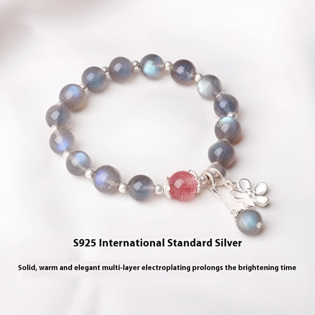 Women's 925 sterling silver zodiac bracelet with grey moonstone beads and honeysuckle charm