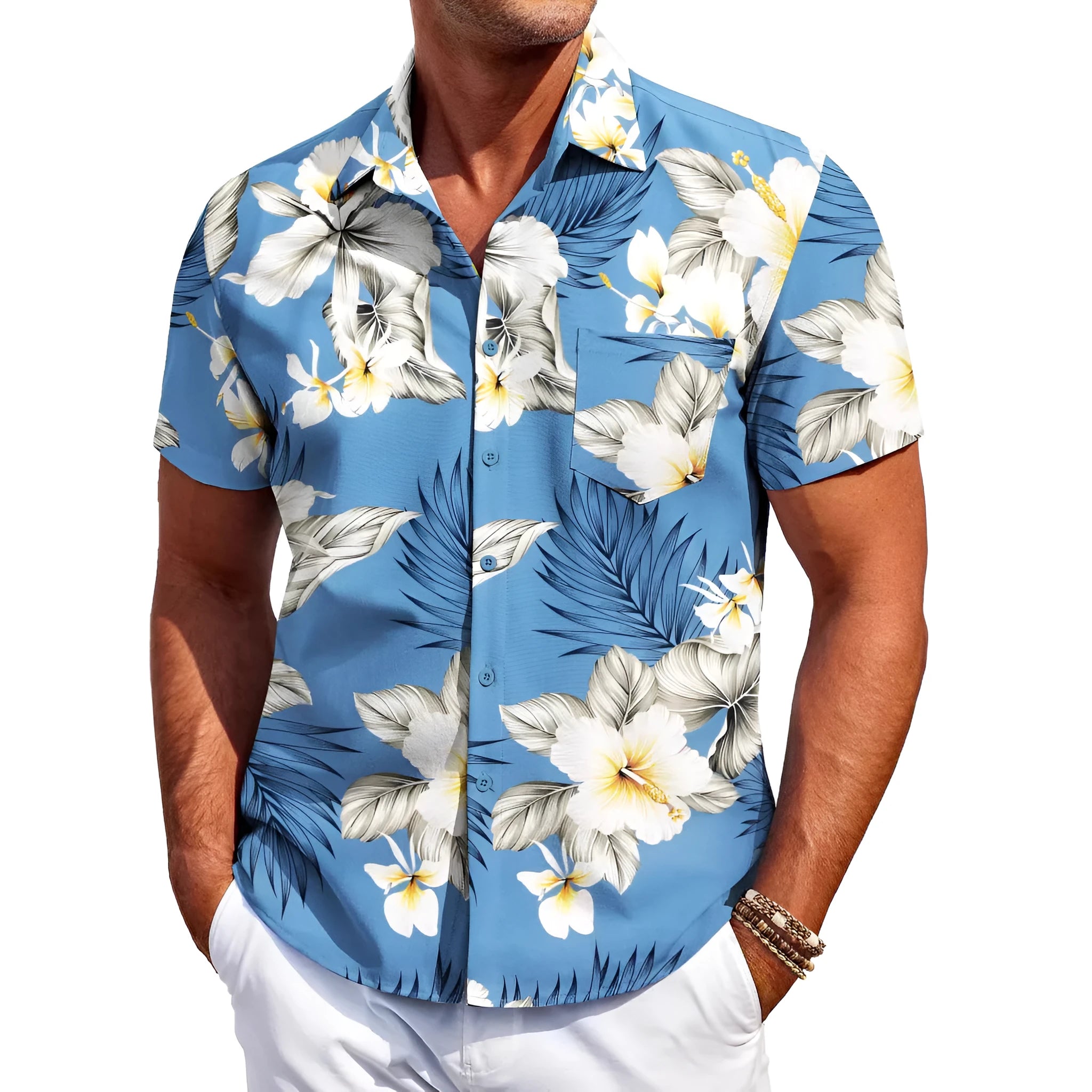 Men's slim fit Hawaiian short sleeve shirt with button-up front and elastic polyester fabric