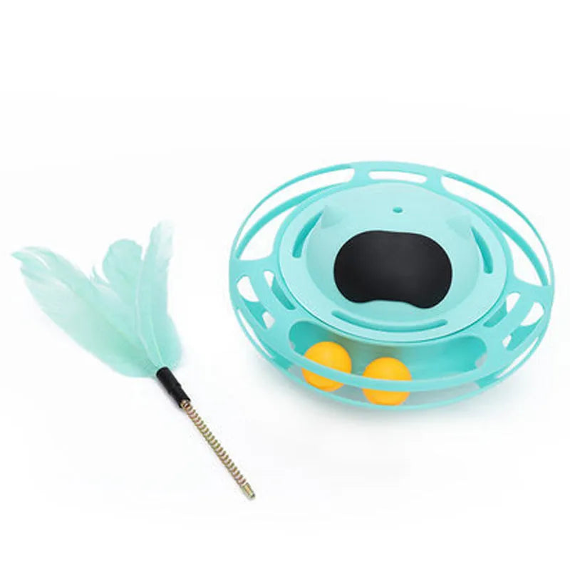 Pink cat stick toy with a tumbler turntable design on a white surface.