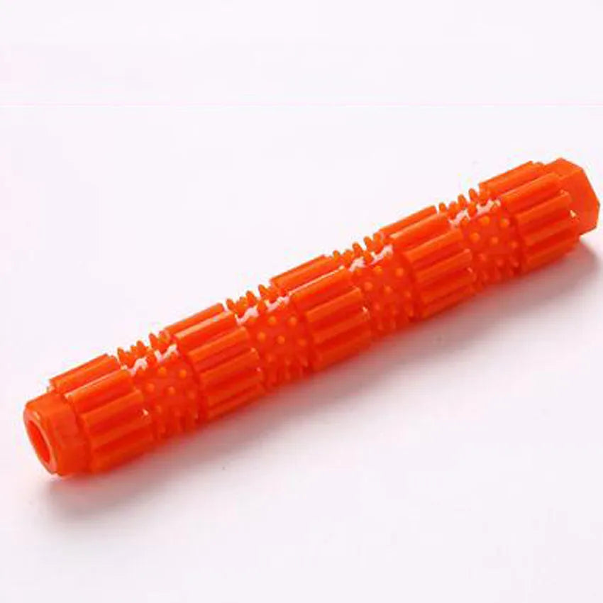 Green and orange bone-shaped rubber dog chew toy for aggressive chewers with treat hole and textured surface.