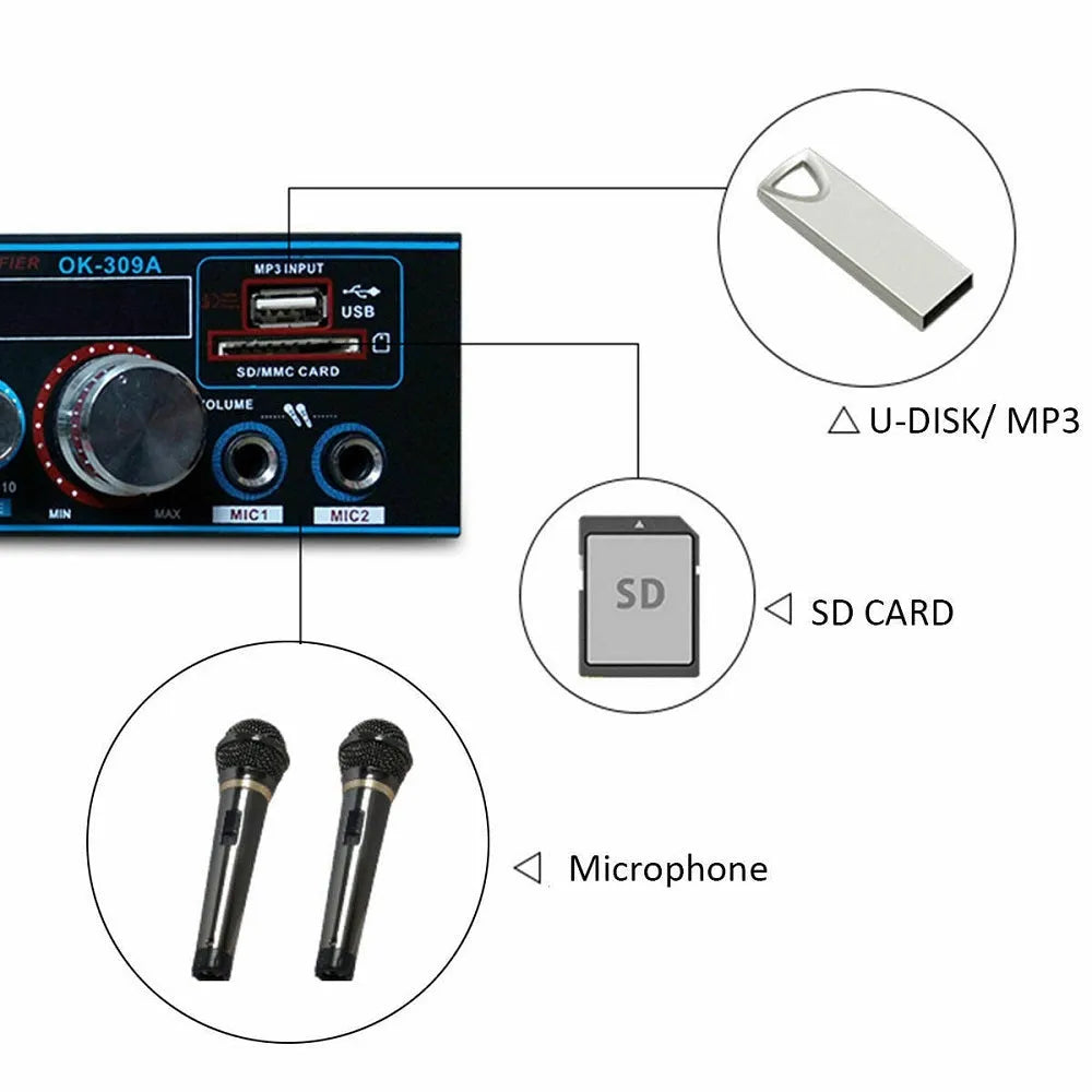 BT-309A-A black Bluetooth power amplifier with recording function and remote control on iron chassis