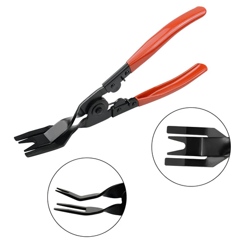 Red-handled steel automotive clip removal tool for General Motors door panels