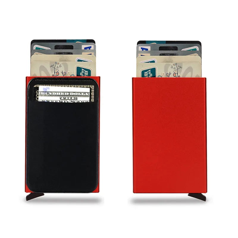 Frosted aluminium metal credit card holder in multiple colours showing slim profile