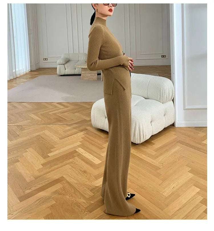 Women's knitted three-piece clothing set showing wide-leg pants, sweater and cardigan in solid colour with leather stitching details