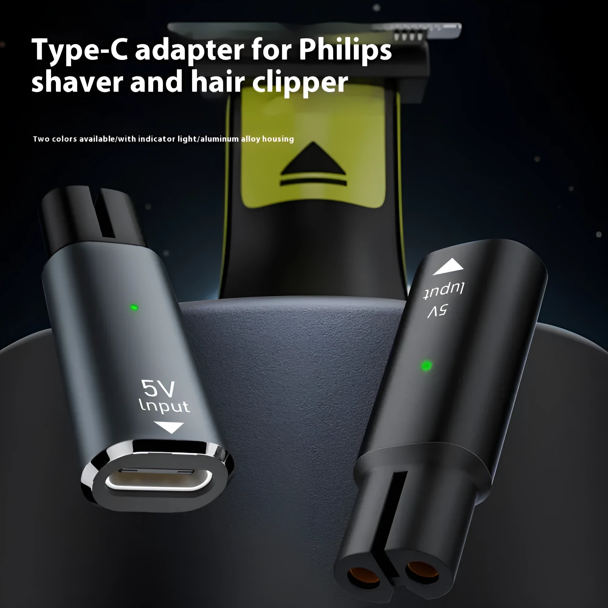 Black USB-C charging adapter for electric shavers with aluminium alloy construction and 4.3V output