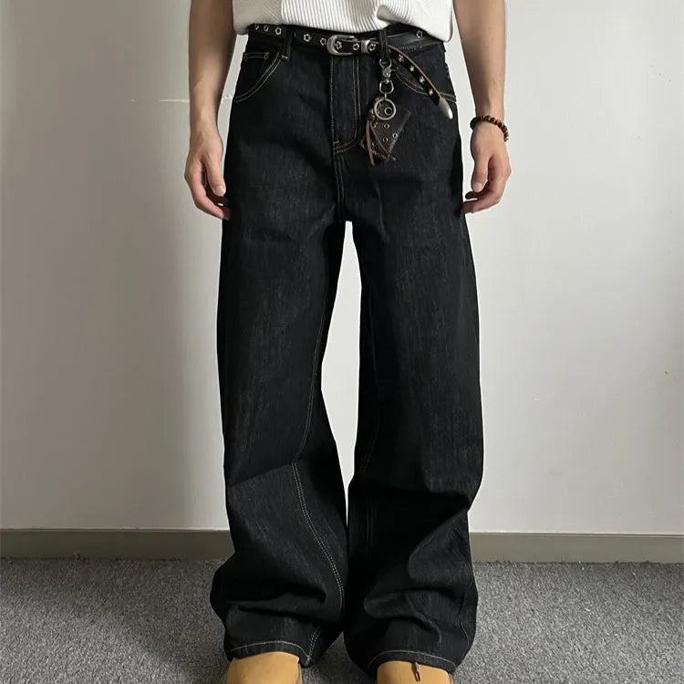 Black retro straight-leg jeans with loose wide-leg cut and zip placket
