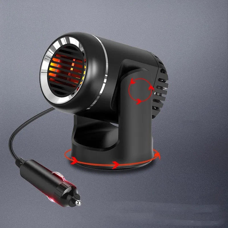 Black and white 12V portable car heater with defrosting and cooling functions, showing dimensions.