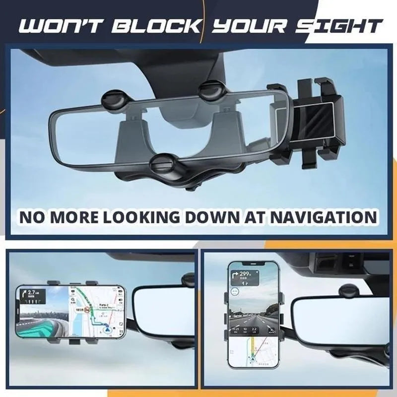 Black rearview mirror phone holder with 360-degree rotation mounted on car mirror holding mobile phone