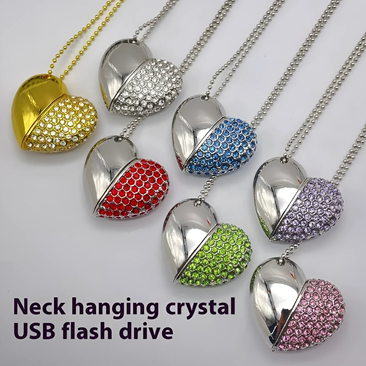 Heart-shaped USB flash drive with a brick-inlaid pattern on a metal shell in various colours.