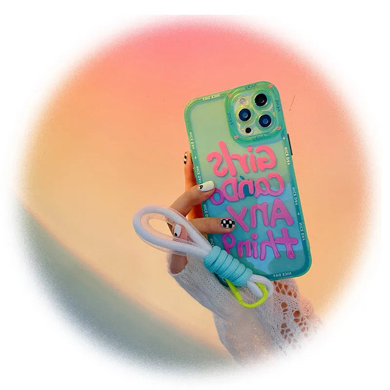Mint green personalised graffiti lanyard phone case for Apple iPhone with printed design and attached strap.
