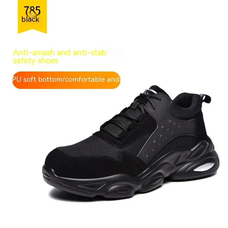 Black mesh breathable safety shoes with PU soft sole for factory and construction site work protection