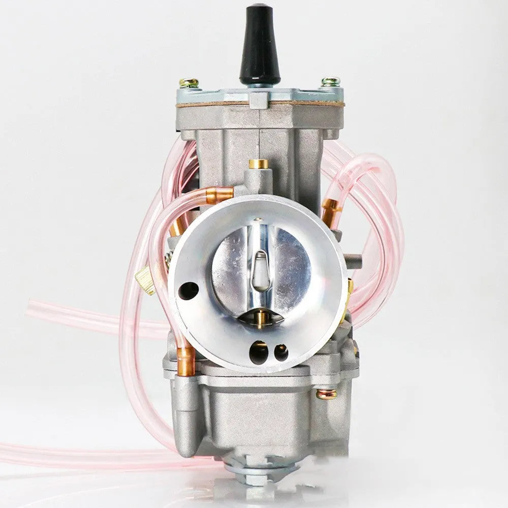 Seven PWK sandblasted motorcycle carburetors ranging from 21mm to 34mm sizes in colour box packaging