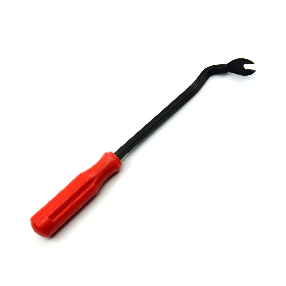 Red-handled steel automotive clip removal tool for General Motors door panels