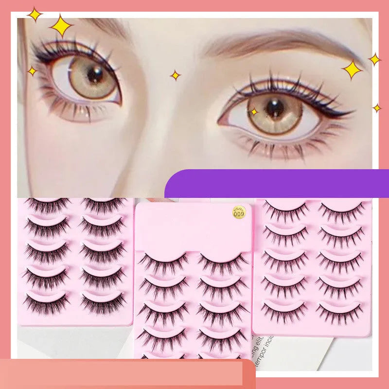 Set of manga-style false eyelashes showing natural wispy styles 007, 008, and 009 on black plastic bands.