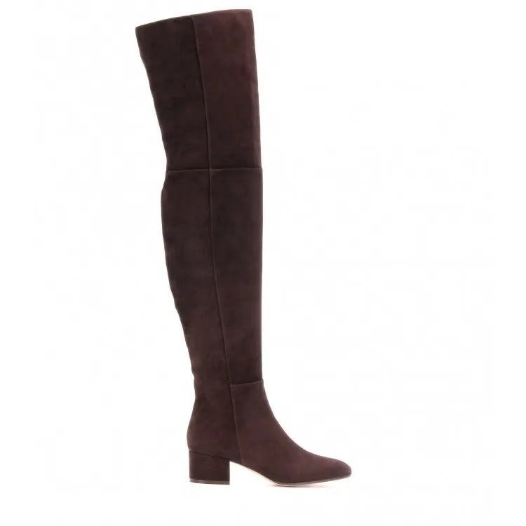 Grey suede women's flat over-the-knee boots with a pointed toe and thick low heel.