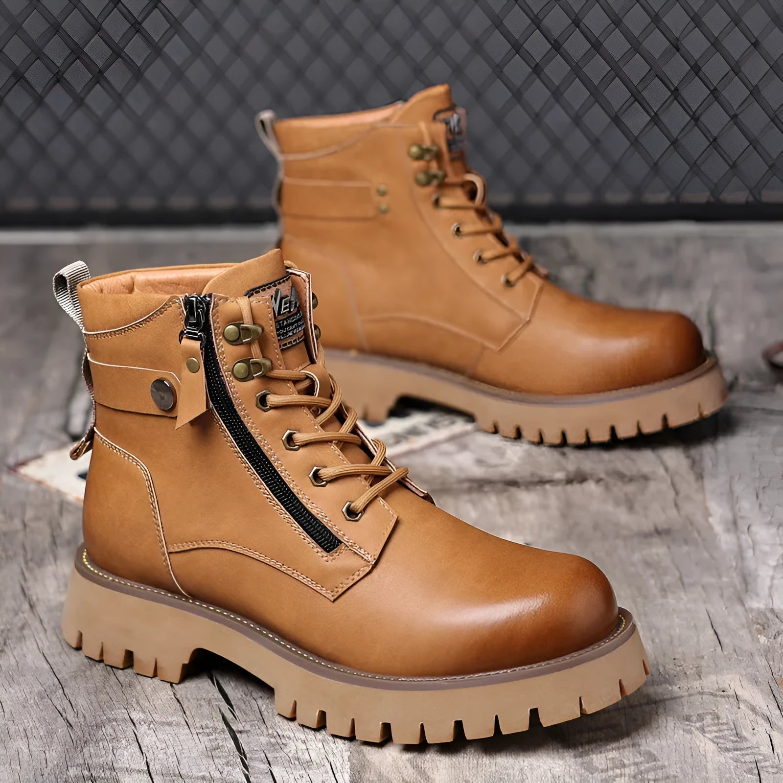 Men's brown leather high-top Martin boots with side zipper and round toe.