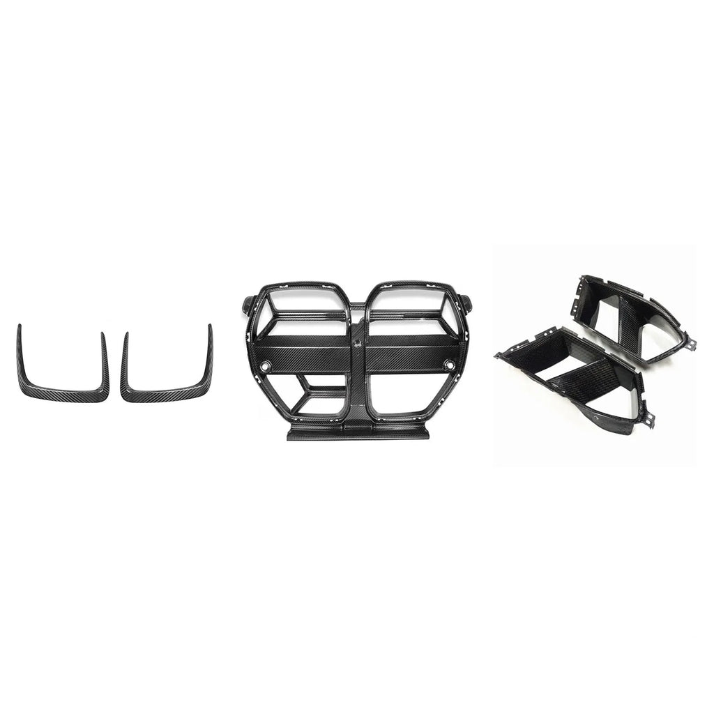 Dry carbon fibre front bumper grille for BMW M3 M4 G80 G82 models in black with 3K weave