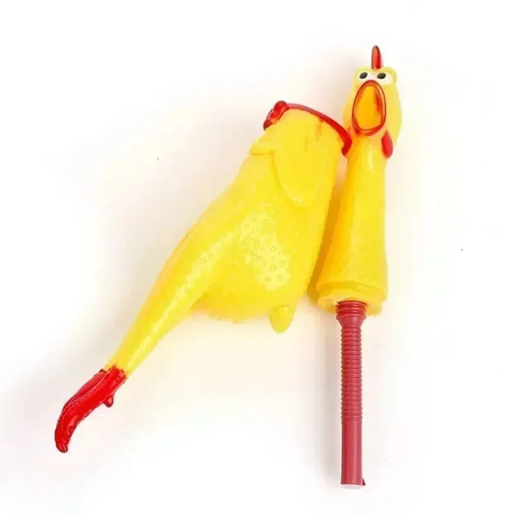 Yellow rubber screaming chicken dog squeak toy shown in three different sizes: small, medium, and large.