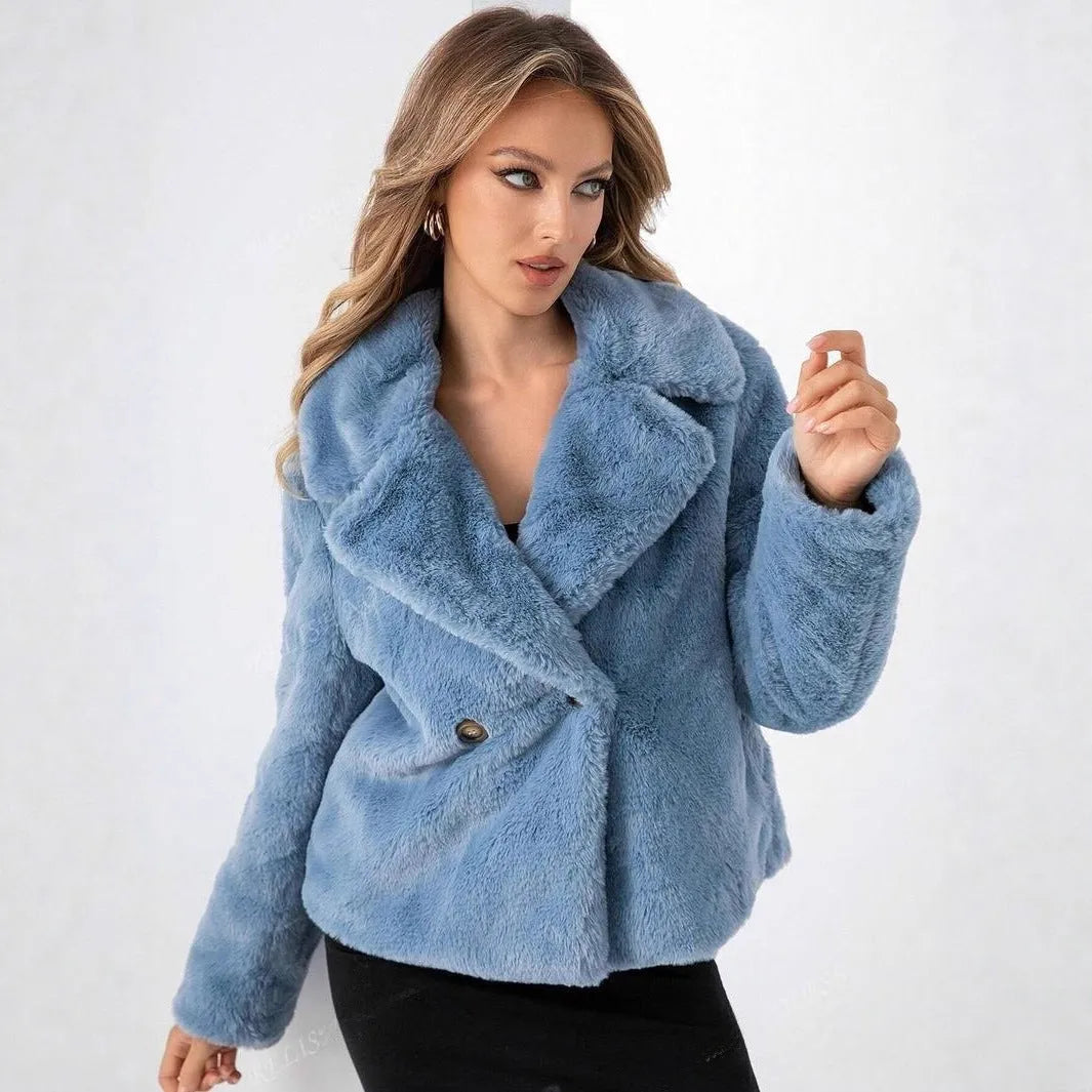 Women's rose red faux fur short coat with regular sleeves and loose fit showing artificial fur texture
