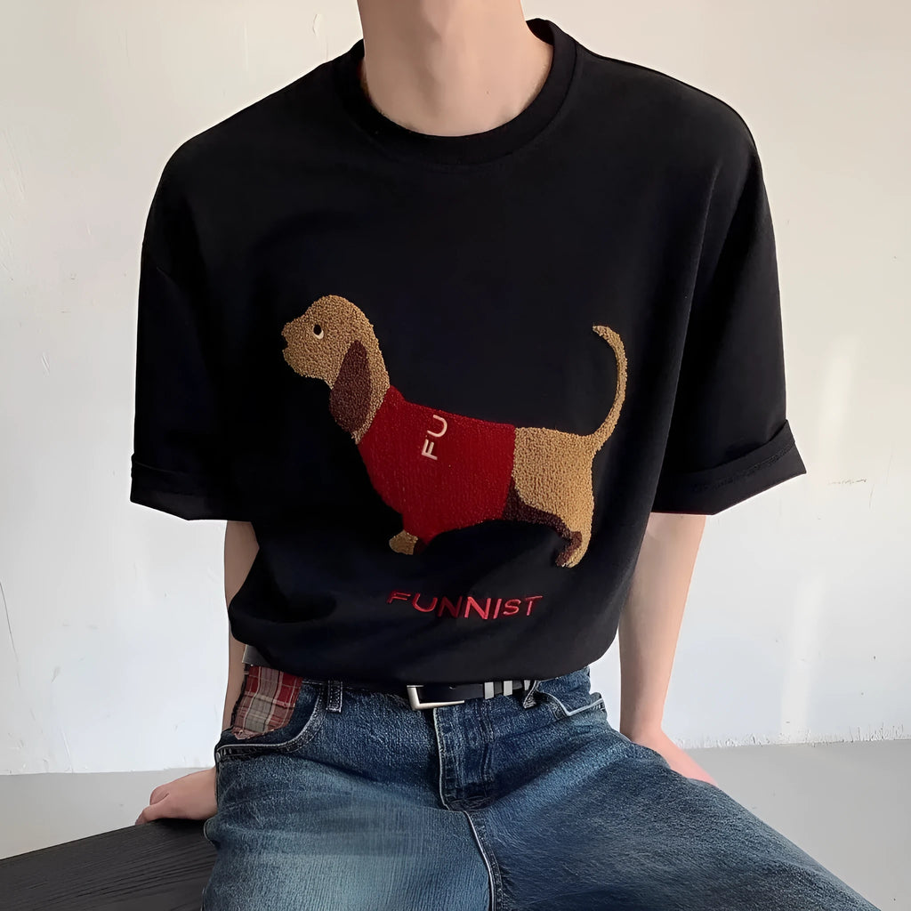 Men's grey T-shirt with embroidered sausage dog design on front, round neck and short sleeves
