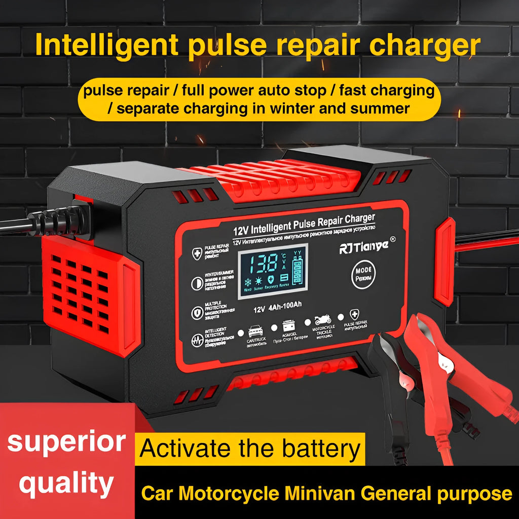 Red American standard car battery charger for lead-acid batteries with on-screen display, 213 x 110 x 64 mm