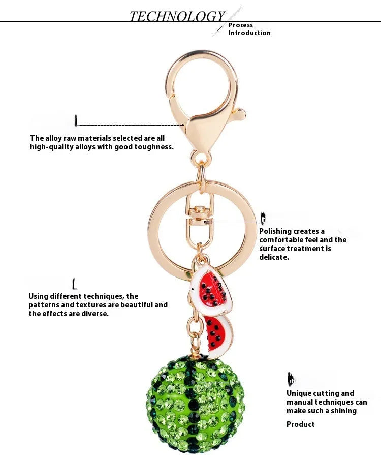 Green watermelon shaped zinc alloy keychain measuring 12cm with diamond detailing