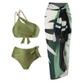 Women's brown push up bikini with high waist briefs and matching chiffon dress cover-up laid flat.