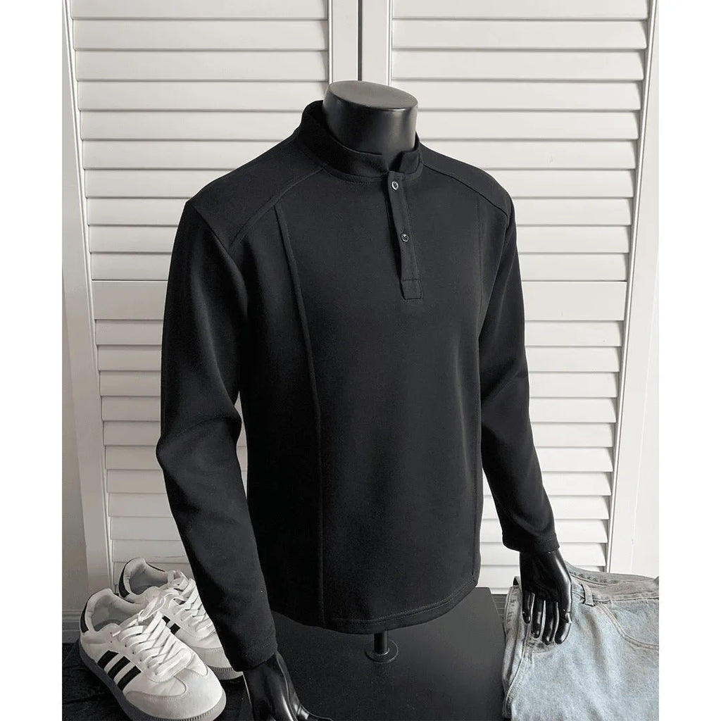 Men's patchwork stand-up collar polo shirt in loose fit with long sleeves