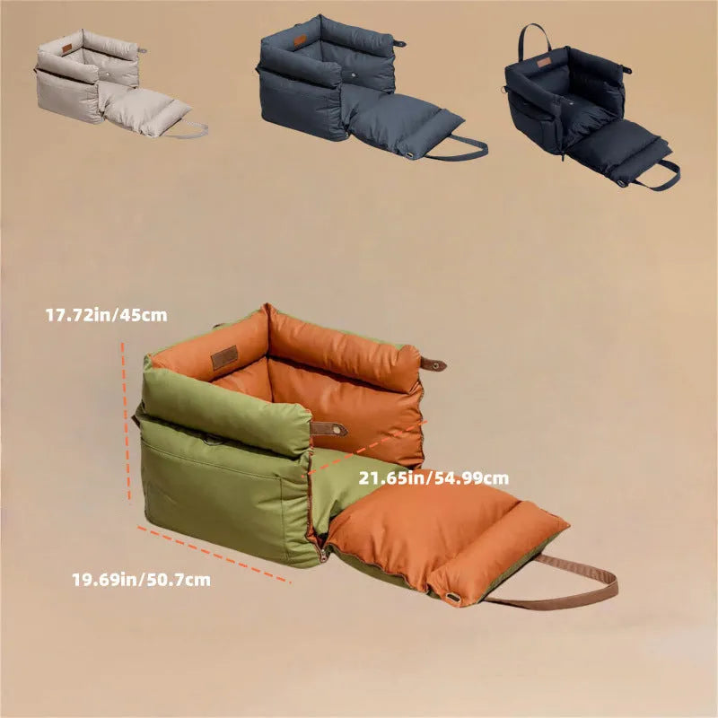 Green waterproof PU dog bed nest with removable cover showing 55x50x45cm dimensions