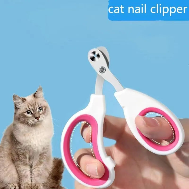 Blue cat nail clippers with circular cut hole and cushioned non-slip handles on a white background.