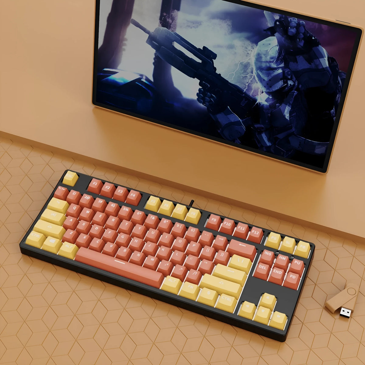 87-key wired mechanical keyboard with hot-swappable switches showing two-tone colour options