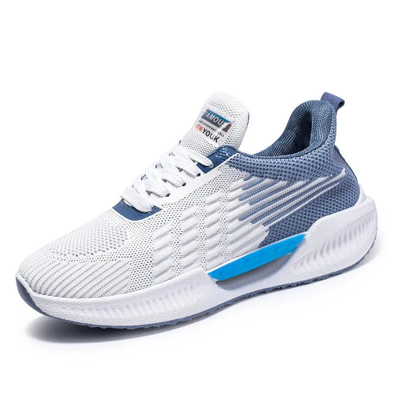 Men's blue casual sports mesh shoes with round toe design and cloth upper