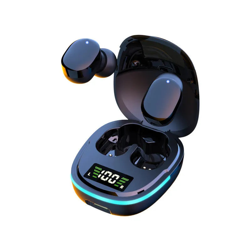 Black true wireless Bluetooth in-ear headphones with charging case showing digital battery display