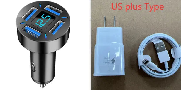 Black four-port USB car charger with LED digital display showing output voltage