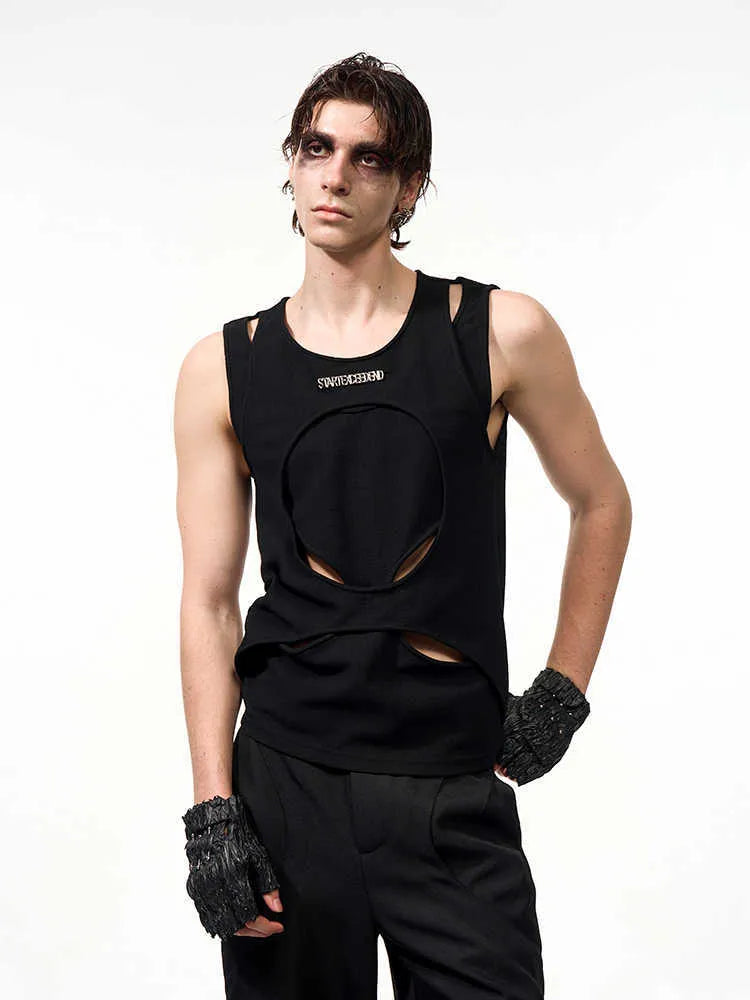 Men's black sleeveless waistcoat vest with hollow knit fabric and round neck collar